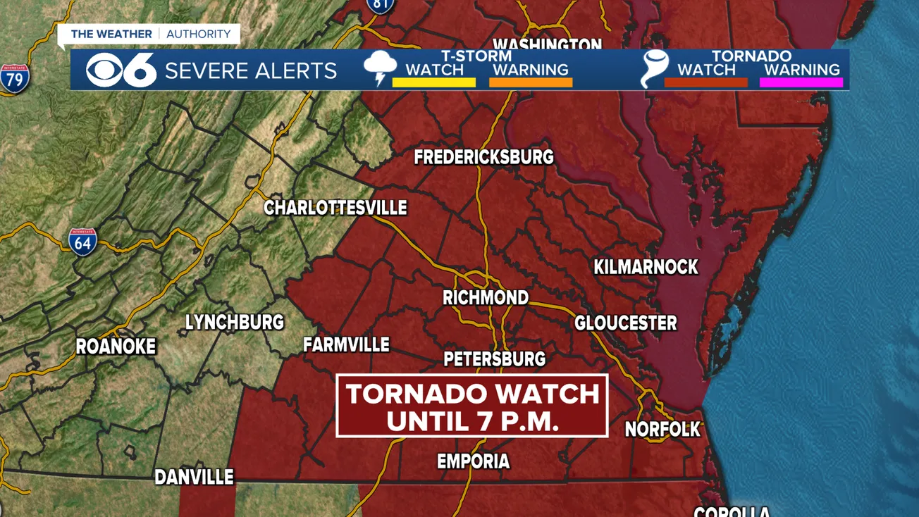 Tornado Watch in effect for much of Central Virginia until 7 p.m.